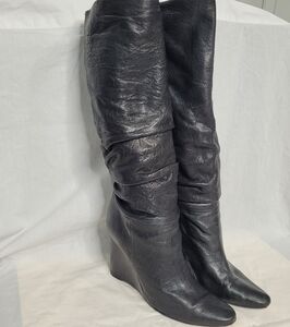 BCBGMaxAzria Elegant Black Leather Knee-High Boots Wedge